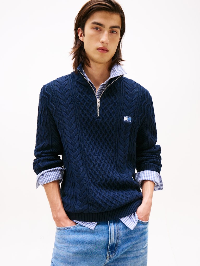 Tommy Hilfiger Erkek Mavi Yarım Fermuar Triko