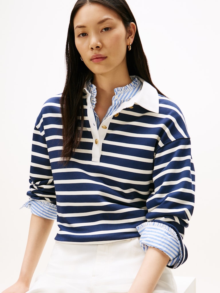 Tommy Hilfiger Kadın Lacivert Polo Yaka Düğmeli Sweatshirt