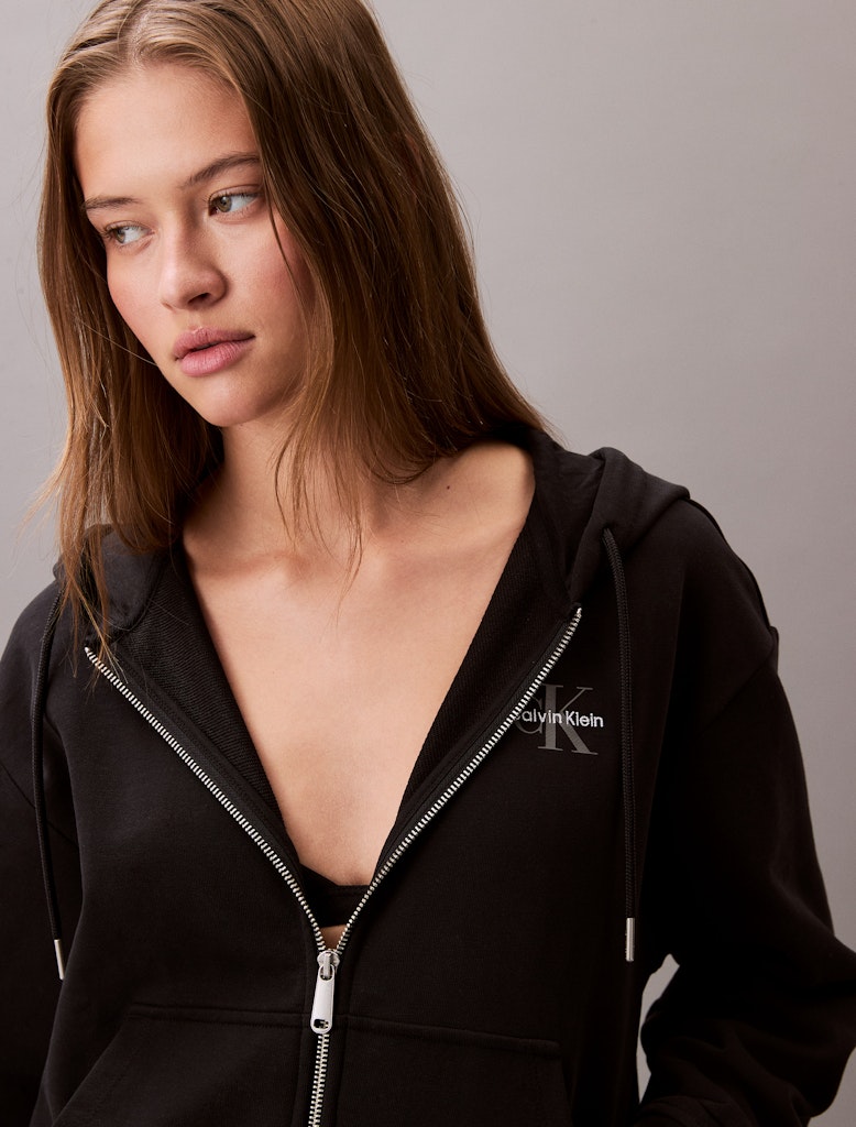 Calvin Klein Kadın Siyah  Tam Fermuarlı Kapşonlu Sweatshirt