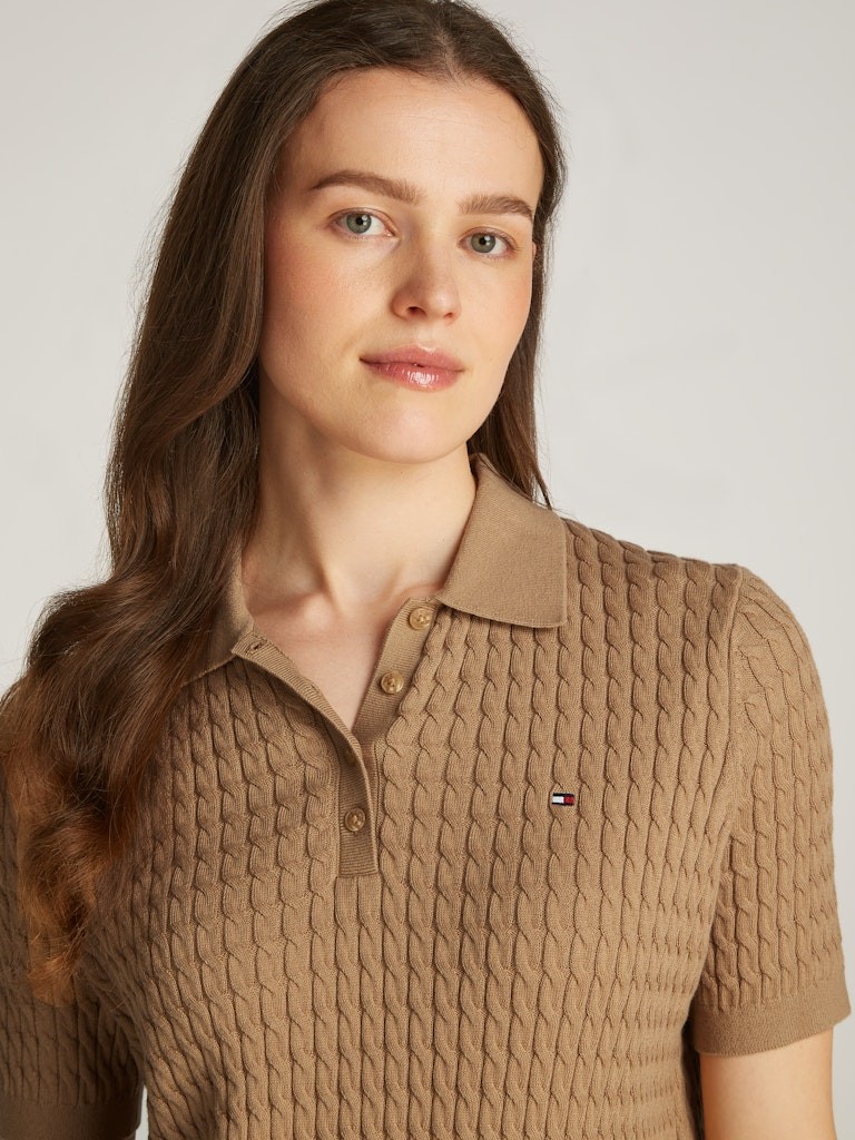 Tommy Hilfiger Pamuk Haki Kadın Kısa Kollu Yakalı Triko - WW0WW43957RBC