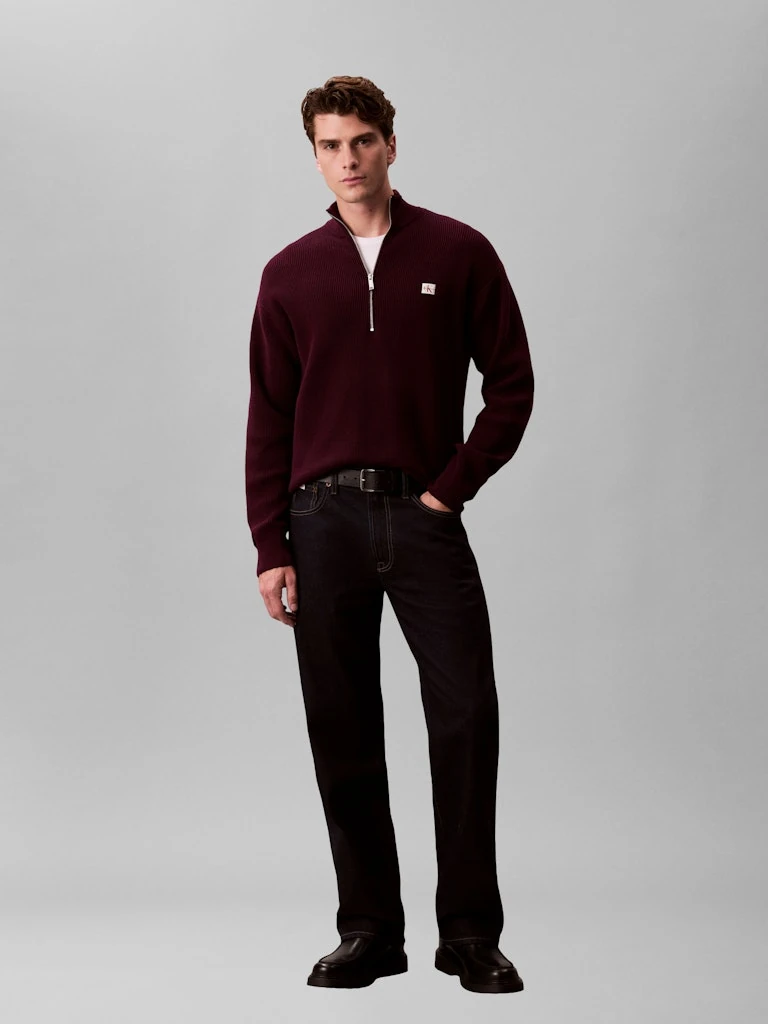 Calvin Klein Erkek Mor Pamuk Yarım Fermuarlı Triko