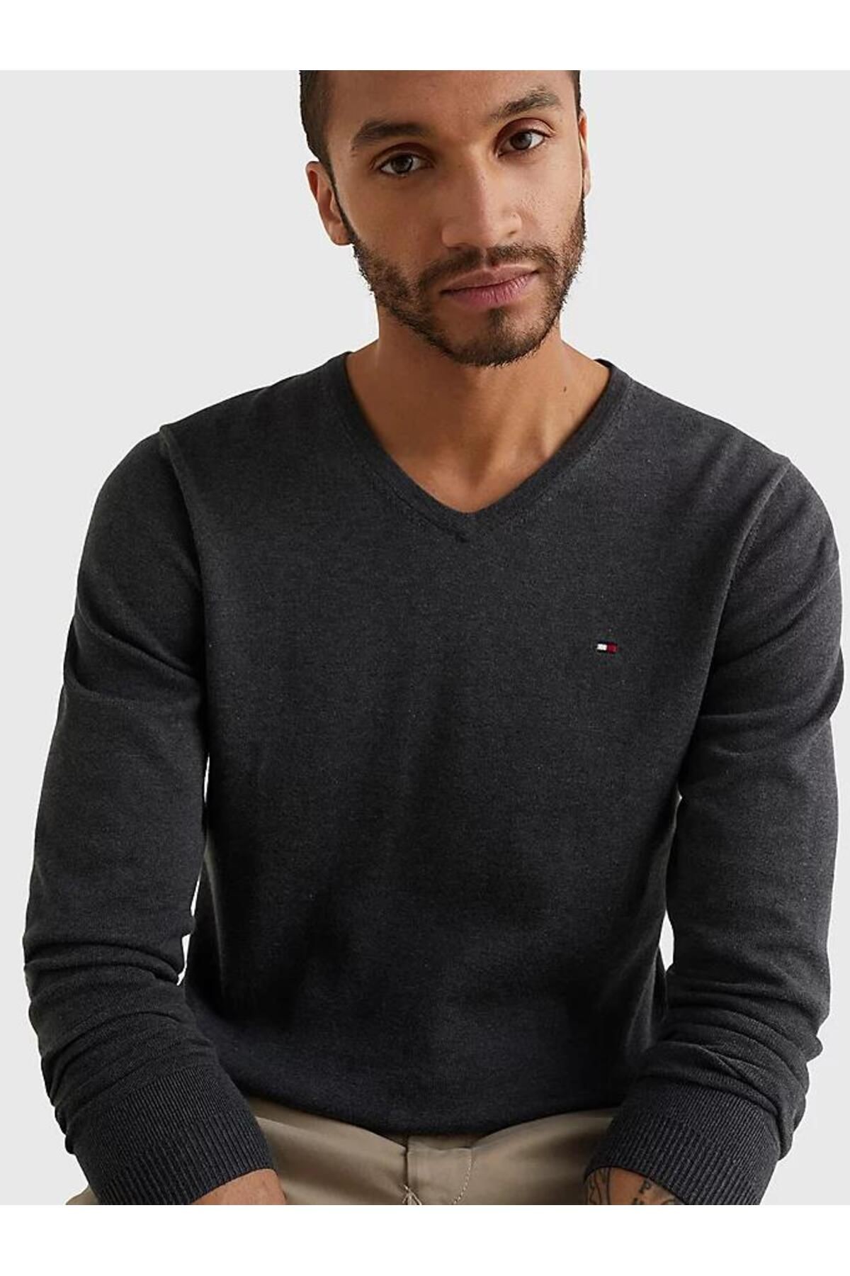 Tommy Hilfiger Pamuk Gri Erkek Uzun Kollu V Yaka Triko