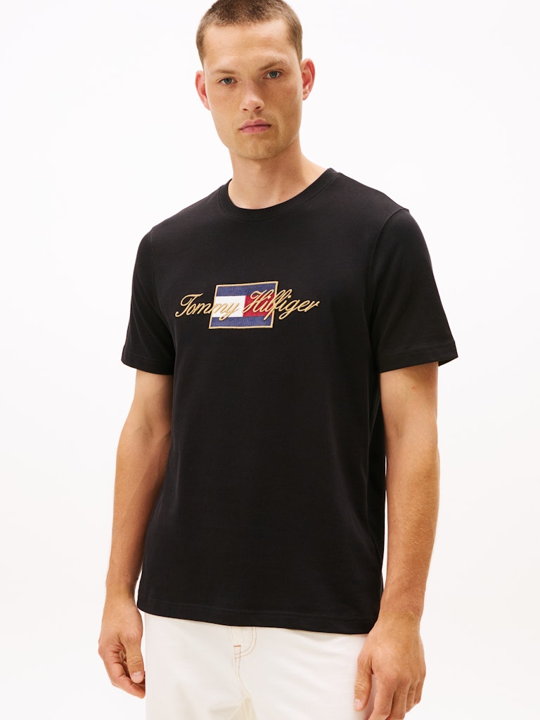 Tommy Hilfiger Erkek O Yaka Bayraklı Siyah T-Shirt