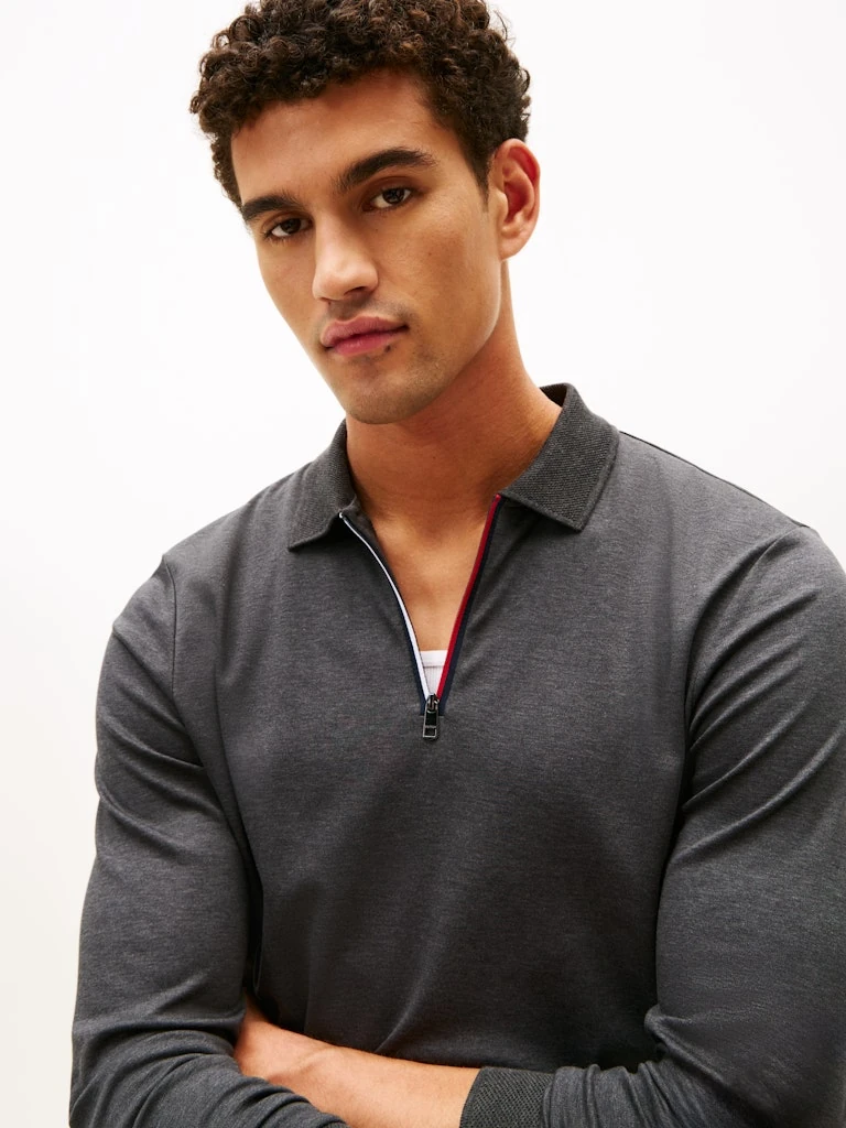 Tommy Hilfiger Erkek Gri  Uzun Kollu Fermuarlı Polo Yaka T-Shirt