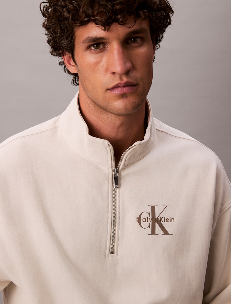 Calvin Klein Erkek Bej Pamuk Yarım Fermuarlı Sweatshirt