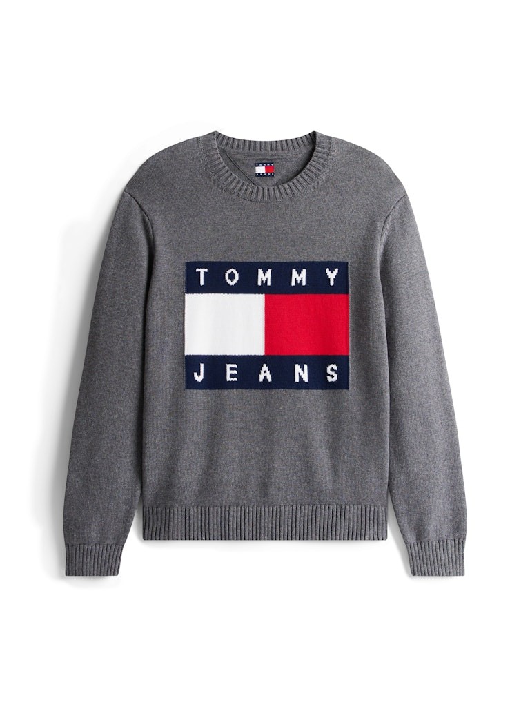 Tommy Hilfiger Erkek Gri O Yaka Bayraklı Triko