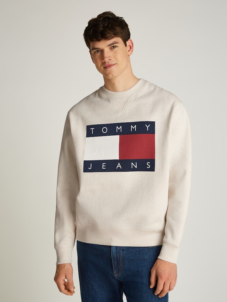 Tommy Jeans Melange Flag Crew Erkek Uzun Kollu Ekru Sweatshirt - DM0DM21186AE3