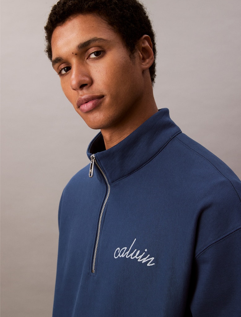 Calvin Klein Erkek Yarım Fermuarlı Logolu Mavi Sweatshirt