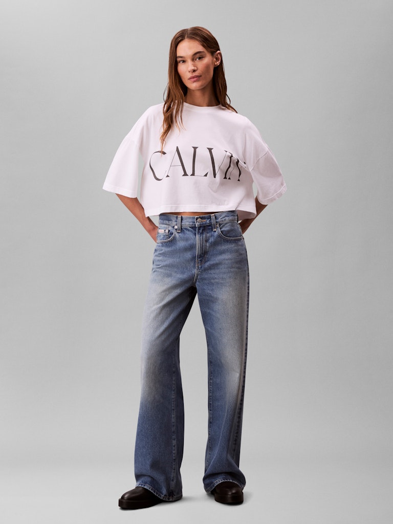 Calvin Klein Kadın Beyaz O Yaka Crop T-Shirt