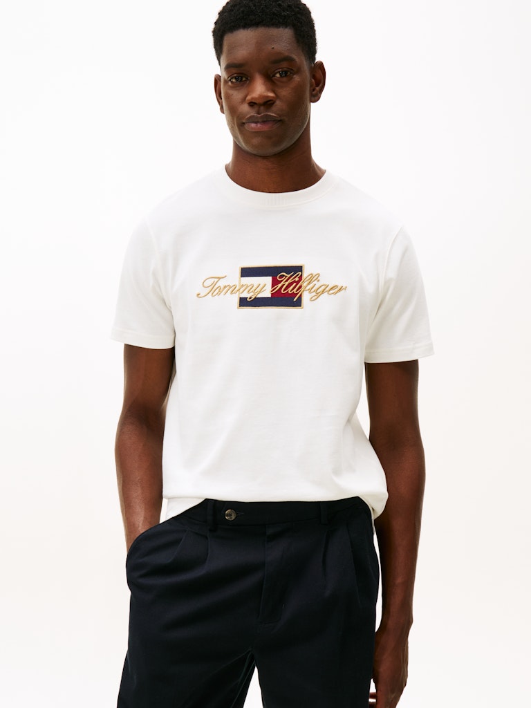 Tommy Hilfiger Erkek O Yaka Bayraklı Beyaz T-Shirt