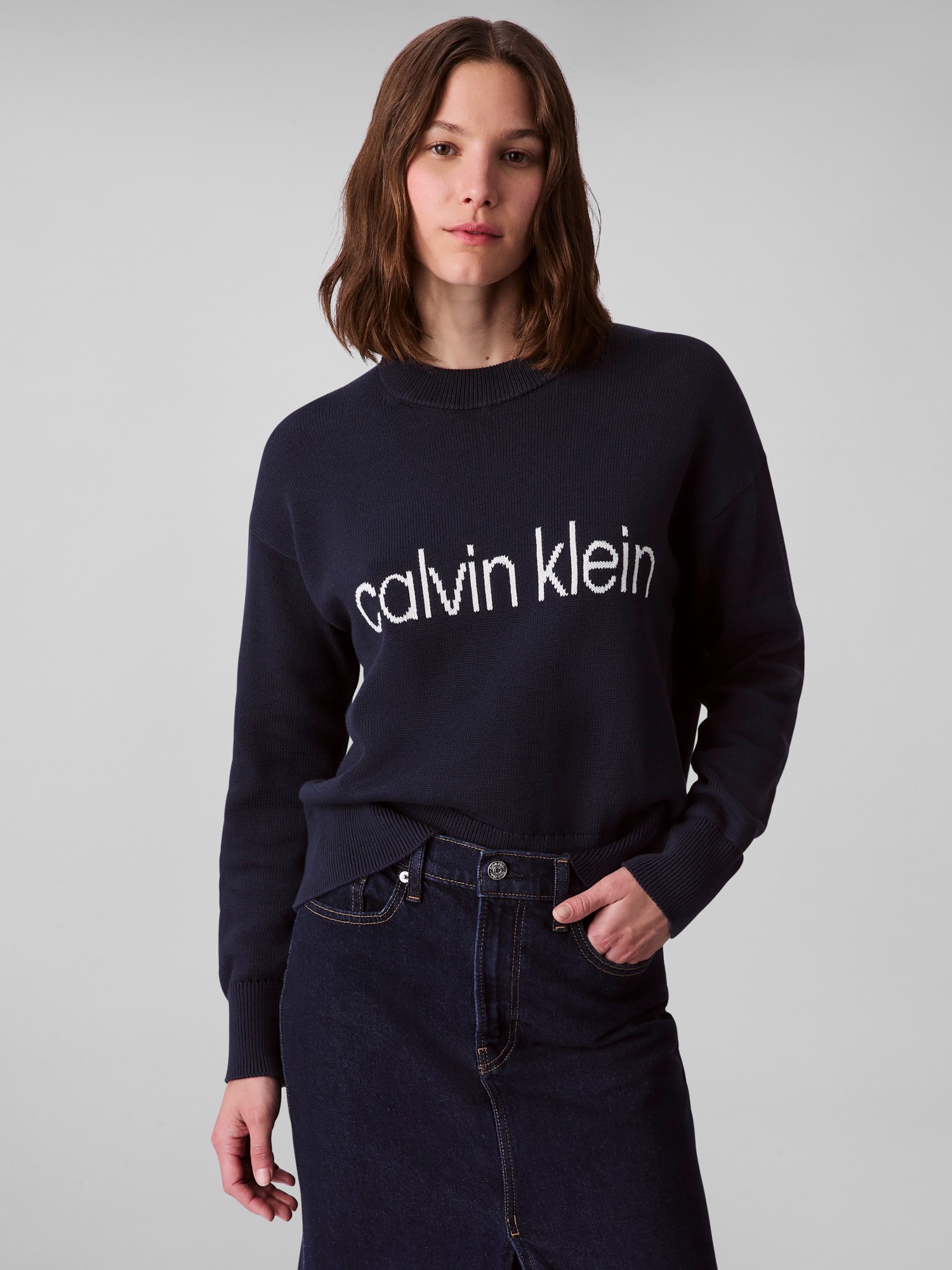 Calvin Klein Kadın Lacivert O Yaka Triko