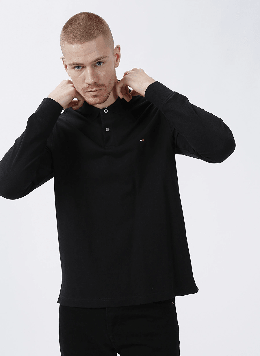 Tommy Hilfiger Erkek Siyah Düğmeli Uzun Kollu Polo Yaka T Shirt - MW0MW20183BDS