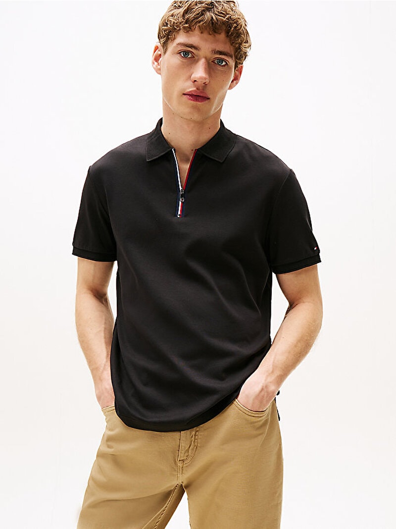 Tommy Hilfiger Erkek İnterlock Zip Regular Polo Siyah T-shirt