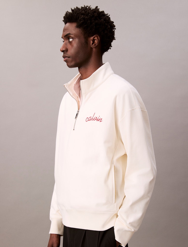 Calvin Klein Erkek Yarım Fermuarlı Logolu Beyaz Sweatshirt