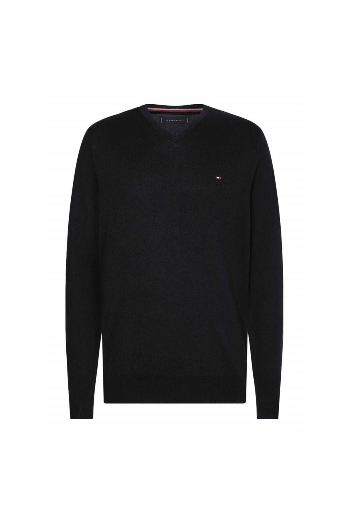 Tommy Hilfiger Pamuk Siyah Erkek Uzun Kollu V Yaka Triko