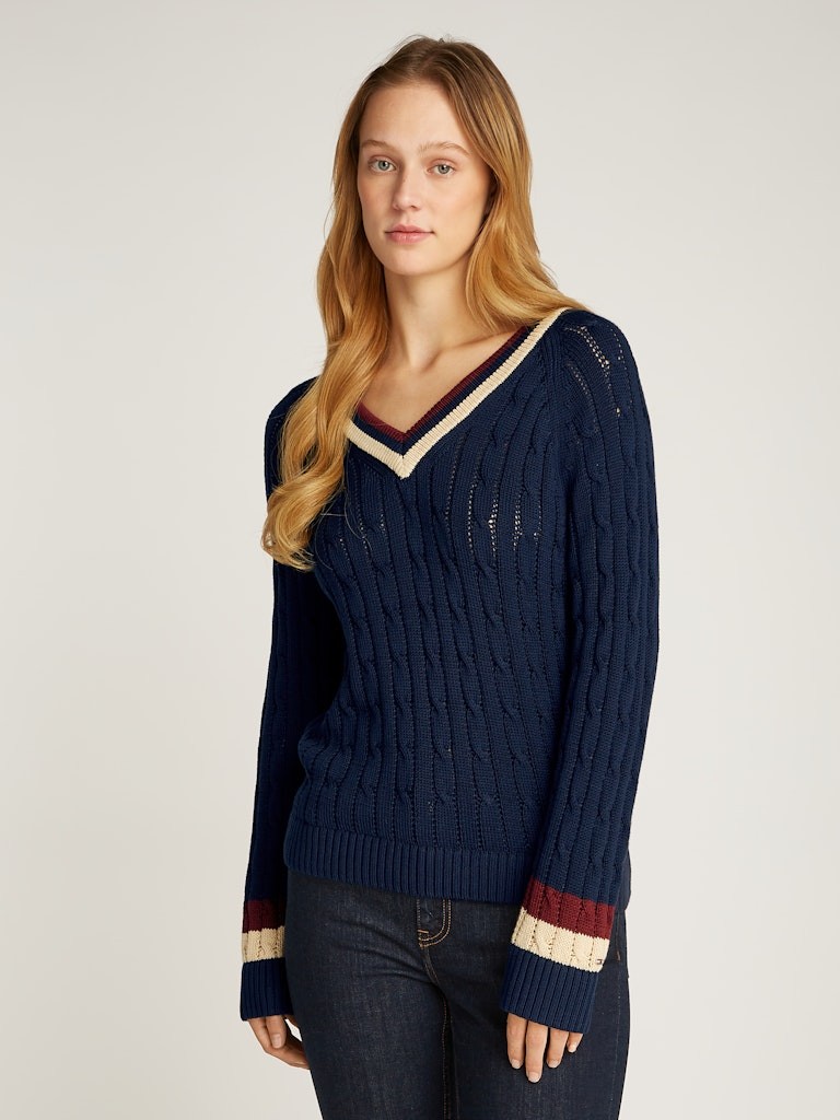 Tommy Hilfiger Pamuk Lacivert Kadın Uzun Kollu V Yaka Triko - WW0WW43972C1G