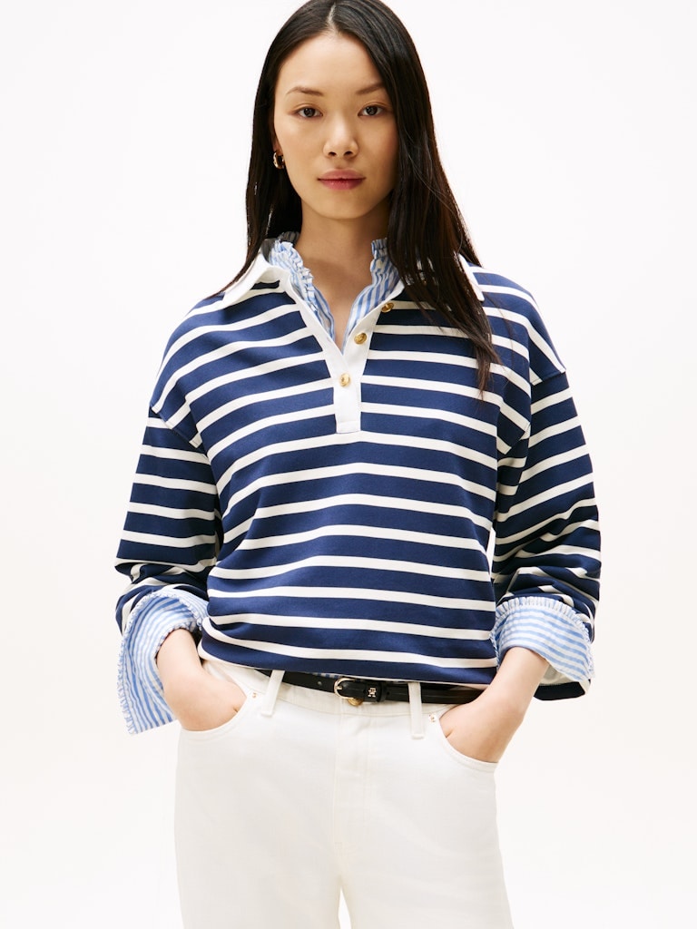 Tommy Hilfiger Kadın Lacivert Polo Yaka Düğmeli Sweatshirt