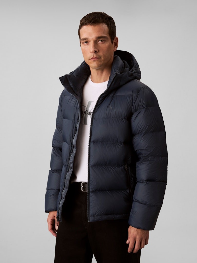 Calvin Klein Erkek Lacivert Kaz Tüyü Puffer Kapşonlu Kaban