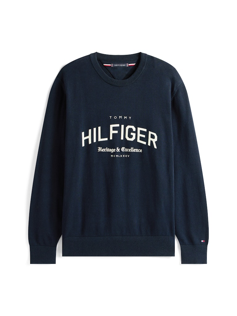 Tommy Hilfiger Erkek O Yaka Logolu Lacivert Triko