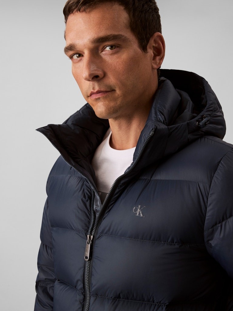 Calvin Klein Erkek Lacivert Kaz Tüyü Puffer Kapşonlu Kaban