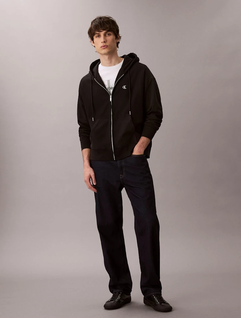 Calvin Klein Erkek Siyah Pamuklu Tam Fermuarlı Kapşonlu Sweatshirt