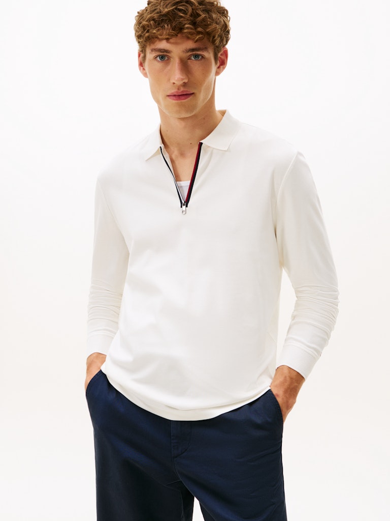 Tommy Hilfiger Erkek Fermuarlı Polo Yaka Beyaz T-Shirt