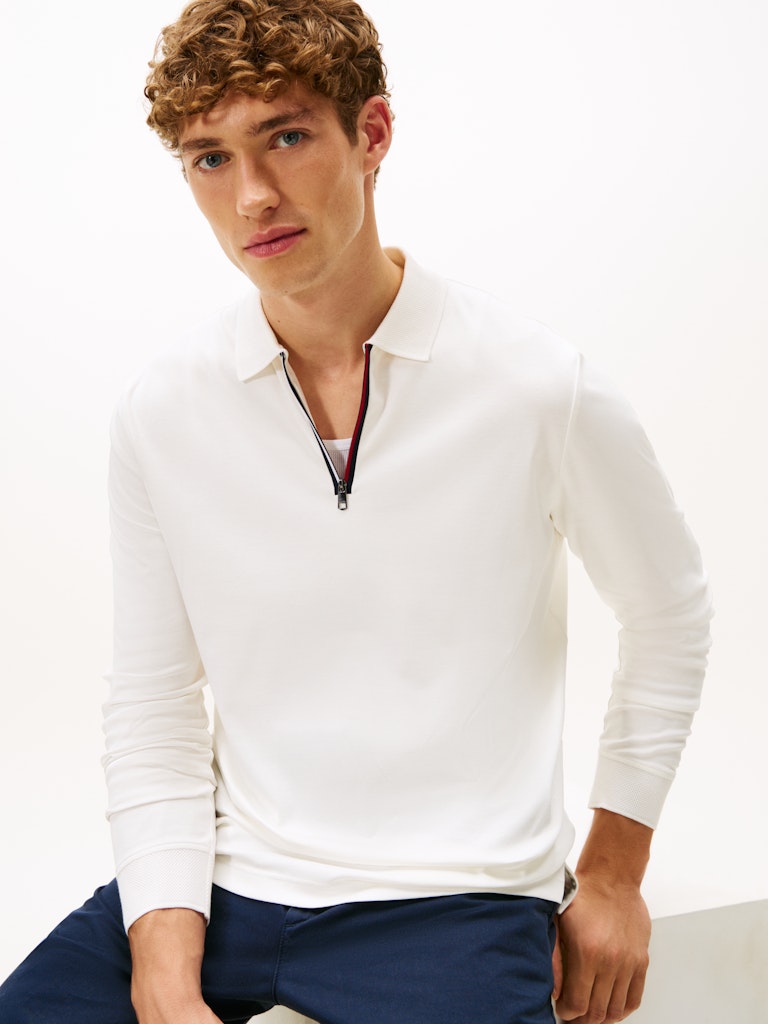Tommy Hilfiger Erkek Fermuarlı Polo Yaka Beyaz T-Shirt