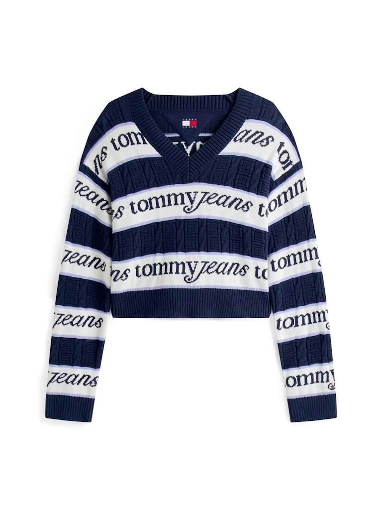 Tommy Hilfiger Kadın V Yaka Lacivert Logolu Triko
