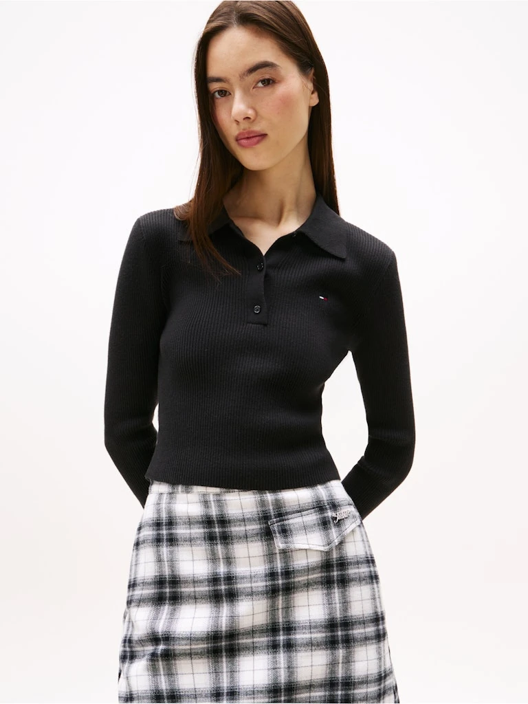 Tommy Hilfiger Kadın Polo Yaka Siyah Triko