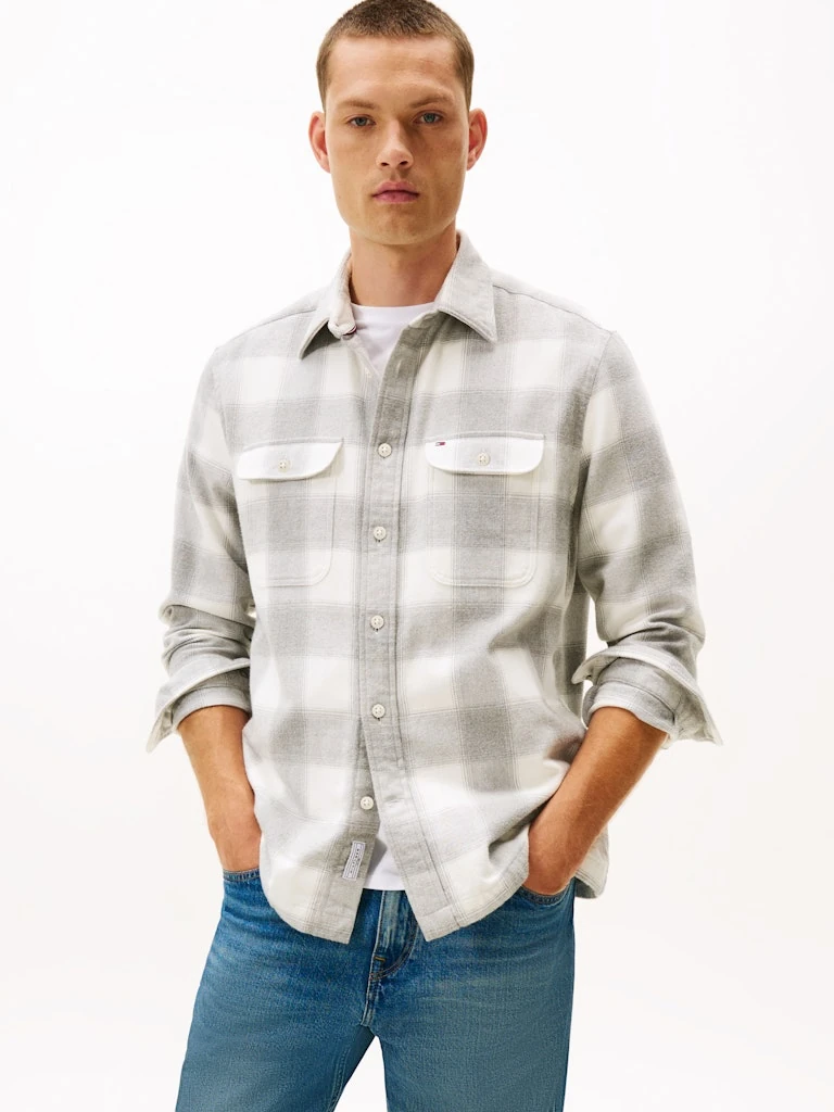 Tommy Hilfiger Erkek Gri Flanel Normal Kesim Gömlek