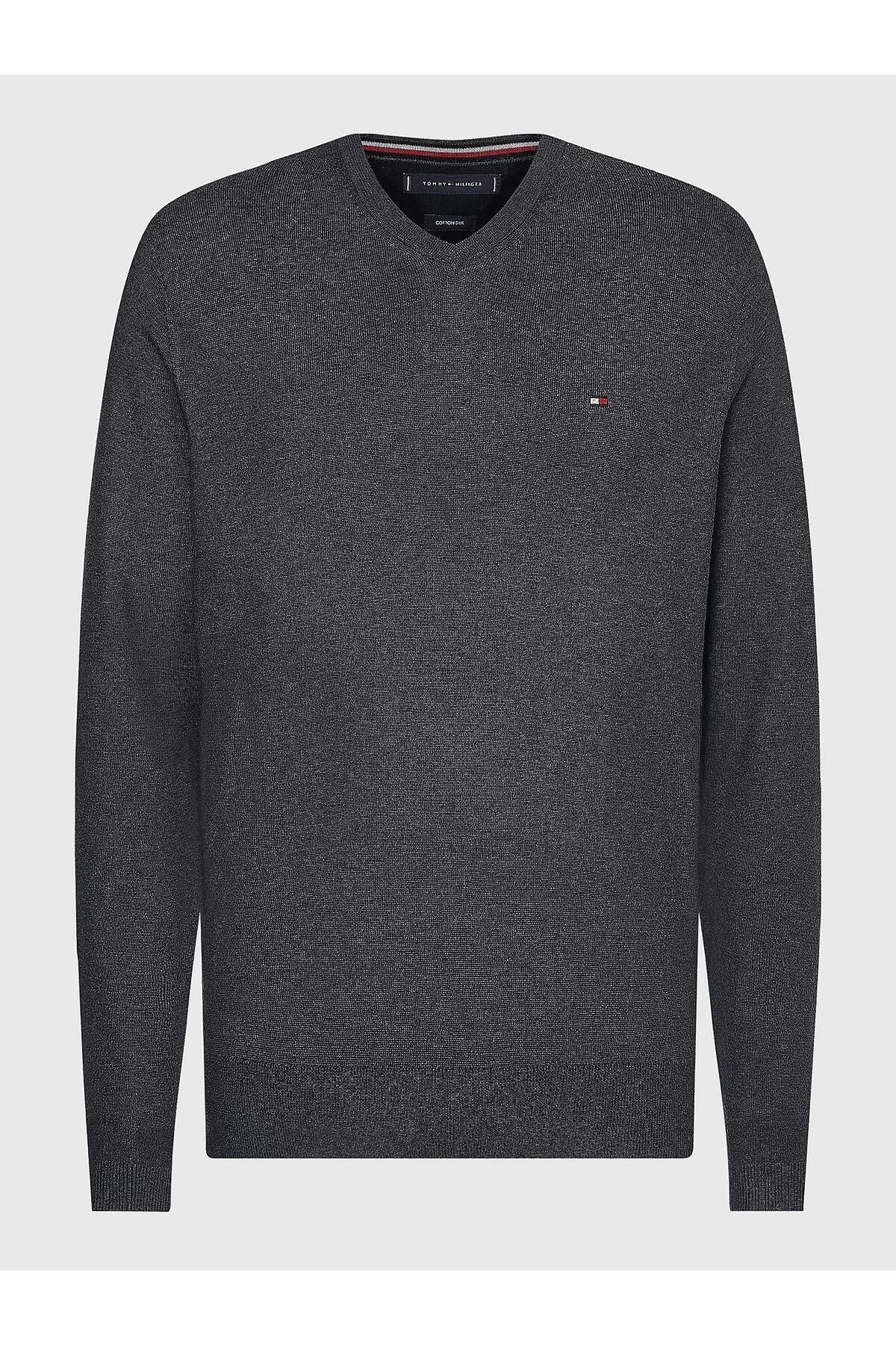 Tommy Hilfiger Pamuk Gri Erkek Uzun Kollu V Yaka Triko