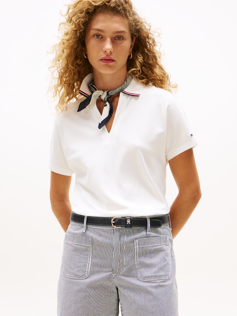 Tommy Hilfiger Kadın Lyocell Tipping Open Polo Beyaz T-shirt