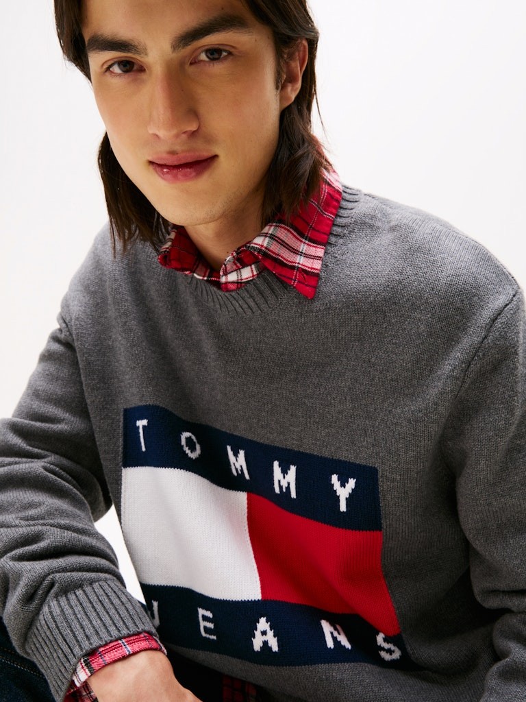Tommy Hilfiger Erkek Gri O Yaka Bayraklı Triko