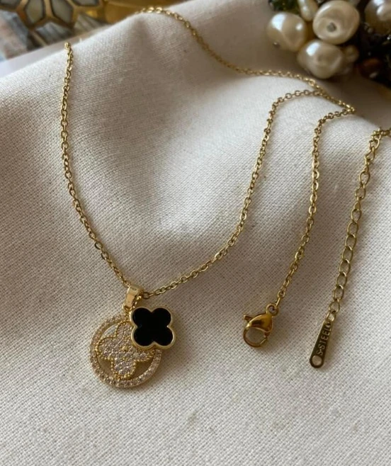 Çelik İkili Taşlı Siyah Cleef Kolye