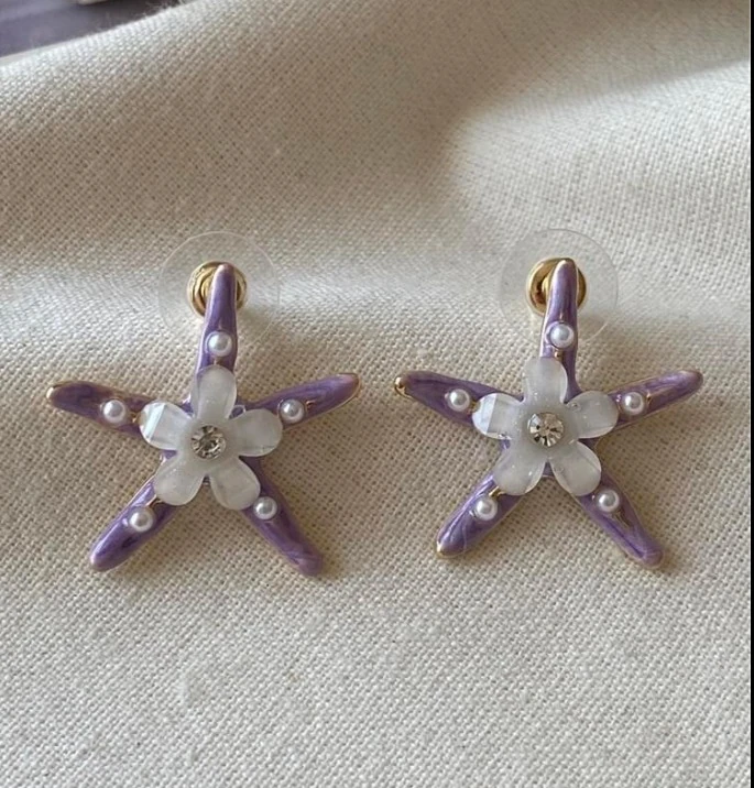 Mor Mineli Çiçekli Denizyıldızı Küpe