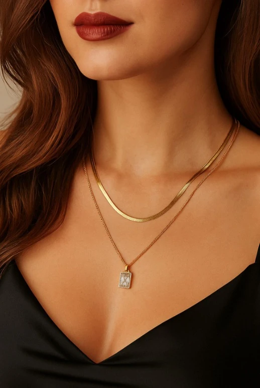 İtalyan Bakla Zincirli Taşlı Çelik Kolye İkili