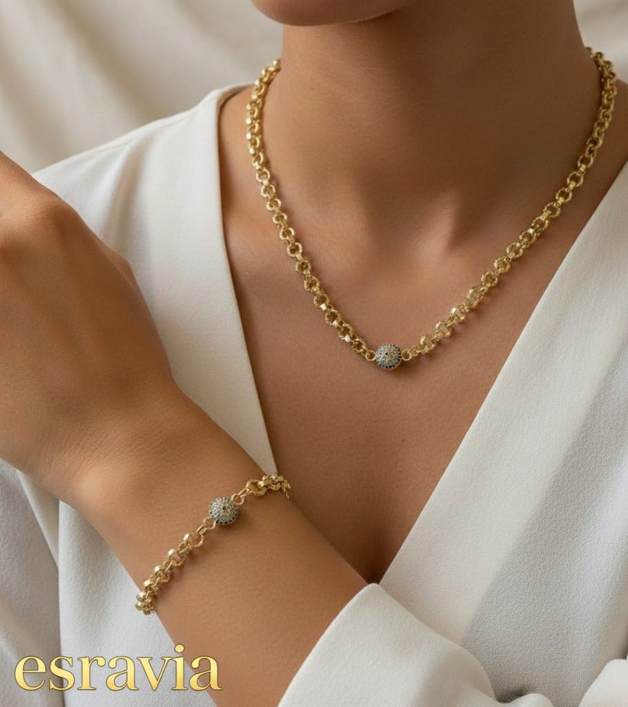 Özel Seri 14K Taşlı Göz Boncuk Kolye ve Bileklik Seti