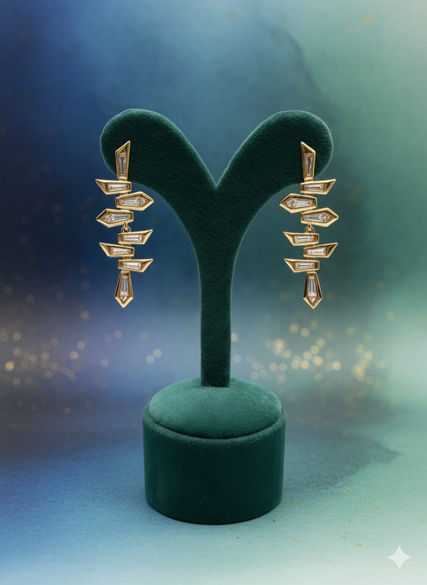 Geometrik Baget Taşlı Uzun Küpe