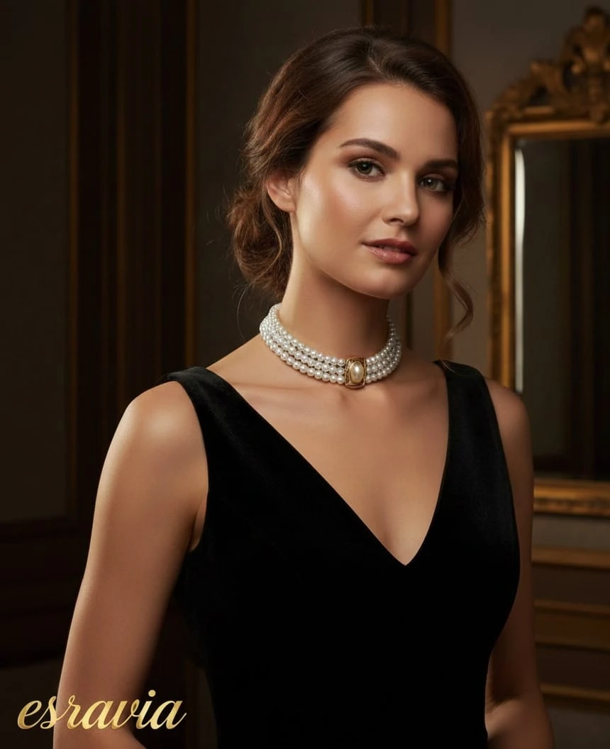 Plaka Detaylı Üç Sıra İnci Choker Kolye