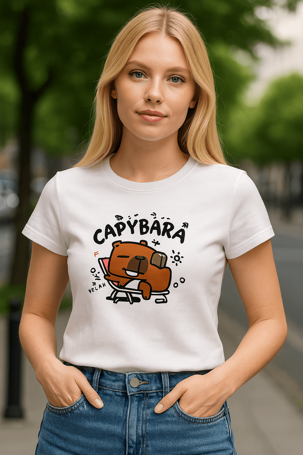 Cappybara Baskı Crop - Beyaz