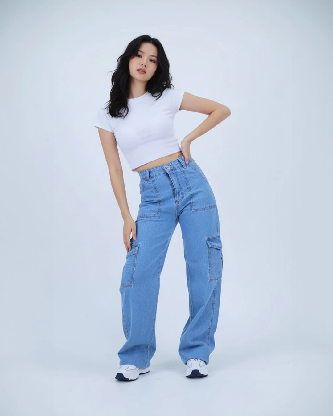 Açık Mavi Kargo Cep Detaylı Baggy Unisex Jean