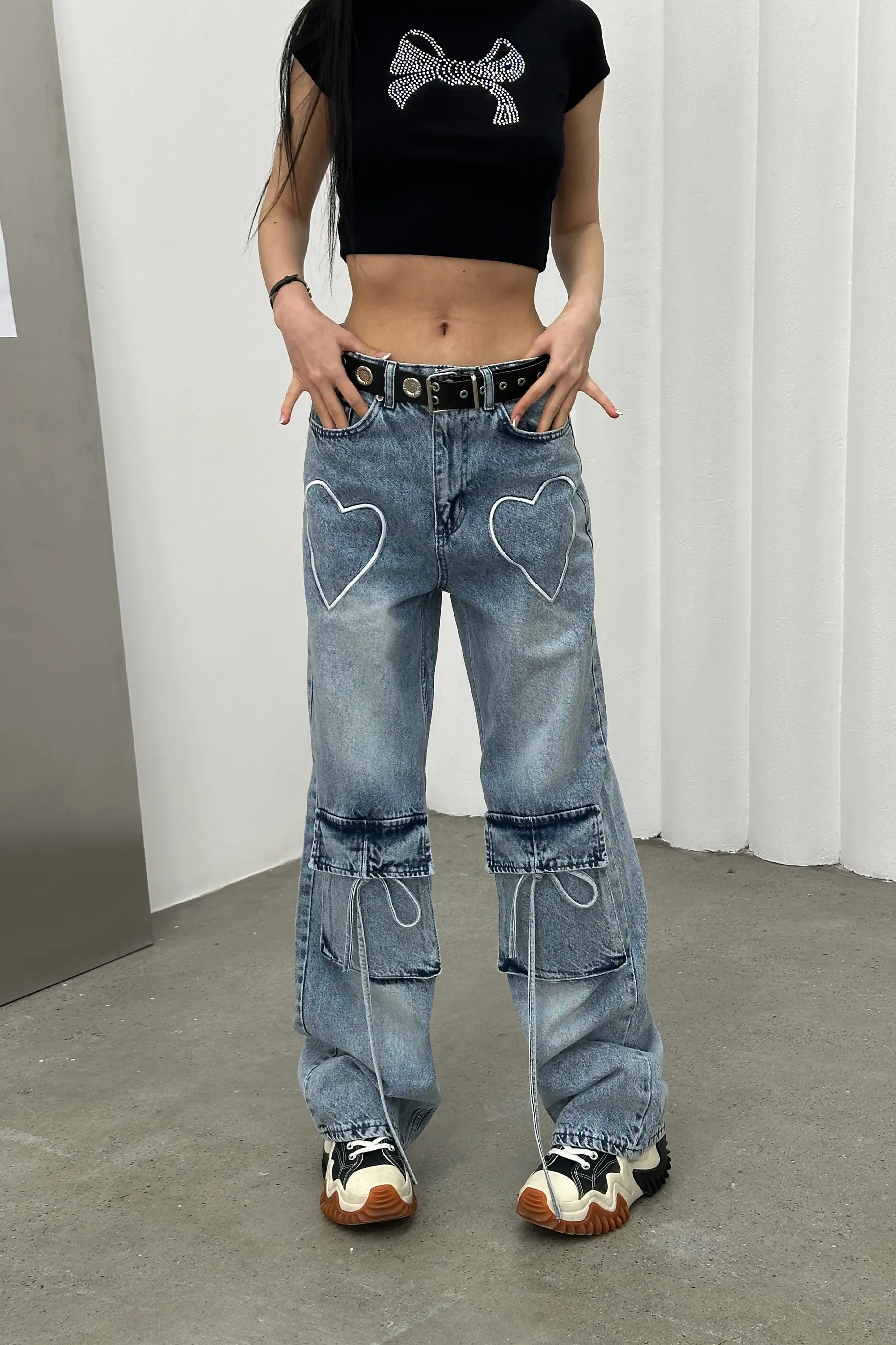 Heartbeat Lacivert Nakışlı Mavi Baggy Jean