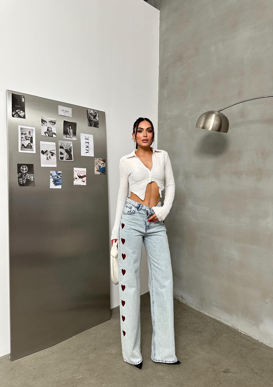 Kalp Nakışlı Baggy Mavi Jean Pantolon