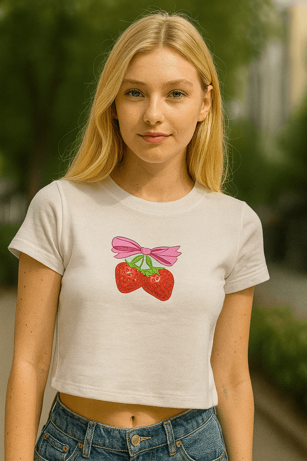 Çilek Baskılı Crop - Beyaz