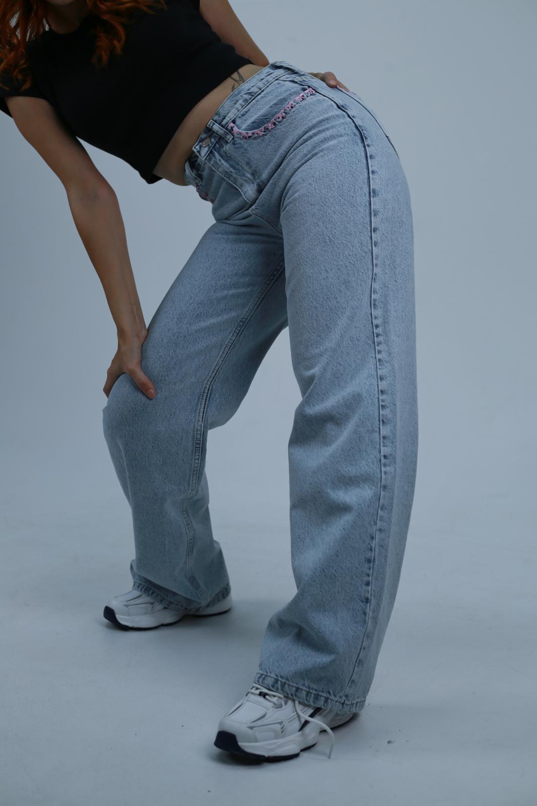 Kadın Mavi Dantel Cep Detaylı Baggy Jean