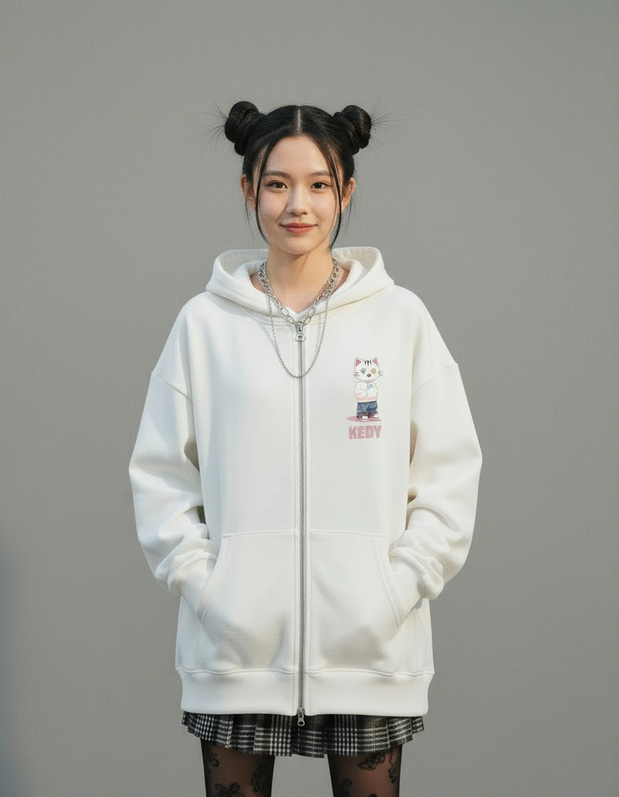 Kedy Baskılı Beyaz Oversize Unisex Hırka