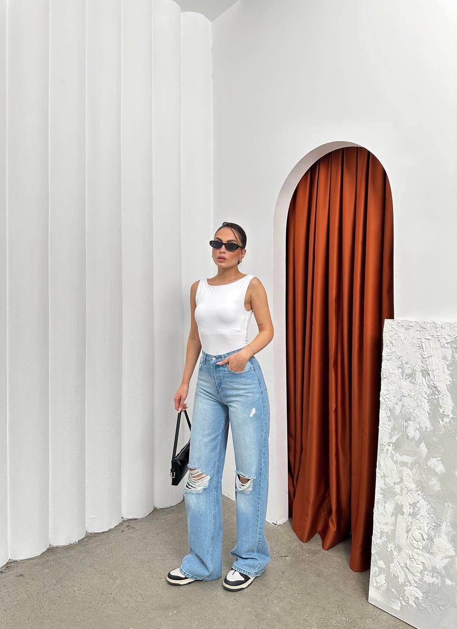 Yırtık Diz Detaylı Mavi Baggy Jean