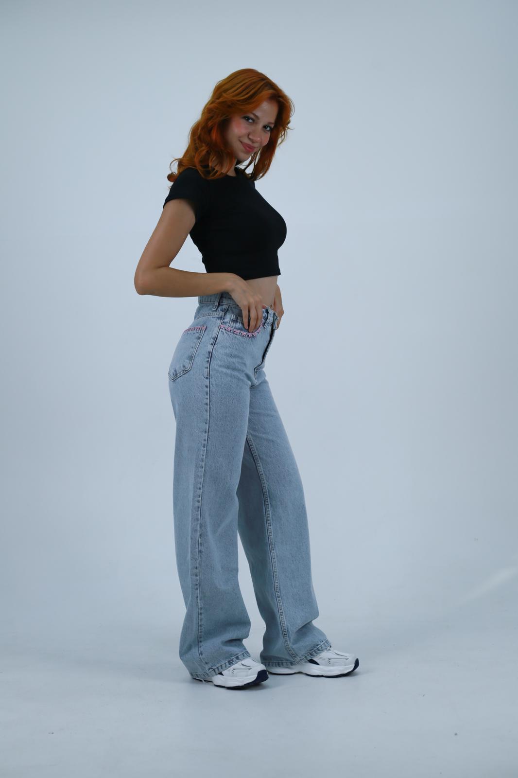 Kadın Mavi Dantel Cep Detaylı Baggy Jean