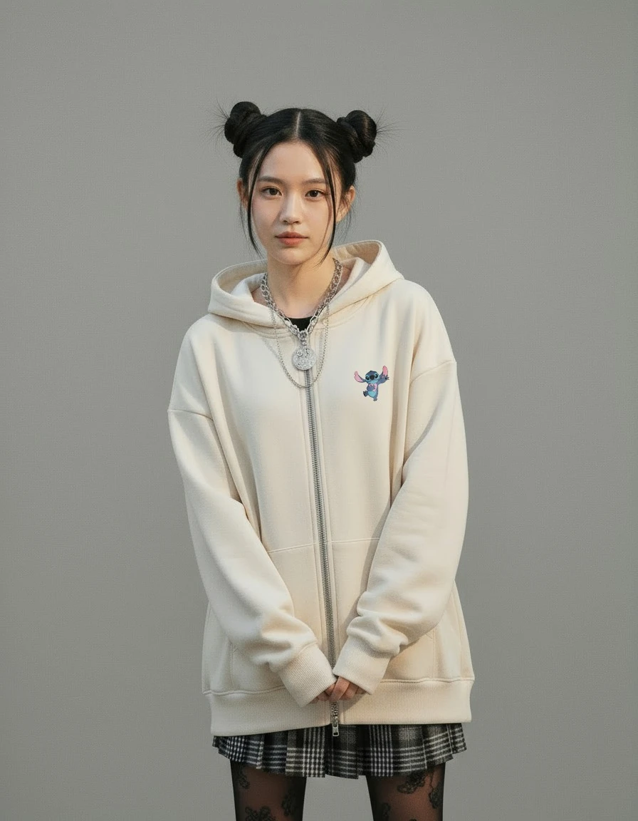 Krem Stitch Baskılı Oversize Unisex Hırka