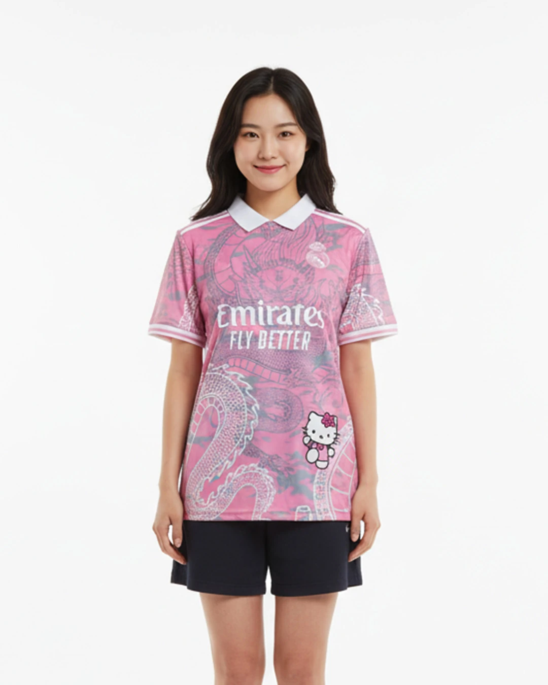 Pembe Kitty Madrid Dragon Jersey Beyaz Düğmeli Yaka T-shirt